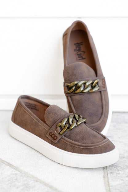 Corky's "Chain Reaction" Pebbled Texture Slip On Loafers with Chunky Gold Chain