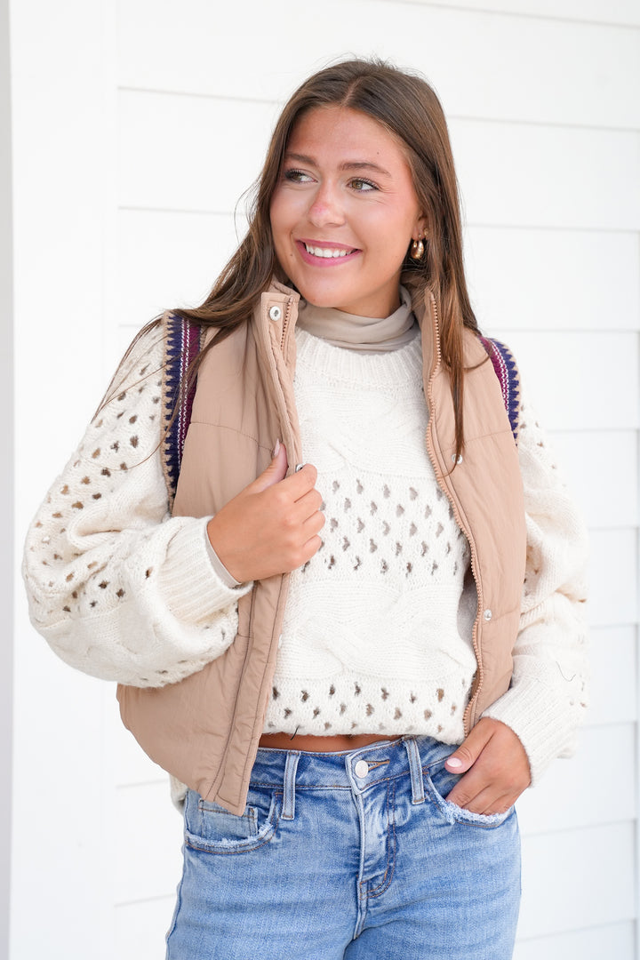 Padded Zip-Up Vest with Trim Detail