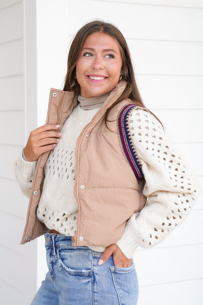 Padded Zip-Up Vest with Trim Detail