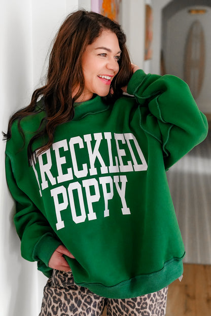 Green Reversible Long Sleeve "Freckled Poppy/Unbothered" Graphic Pullover Sweatshirt