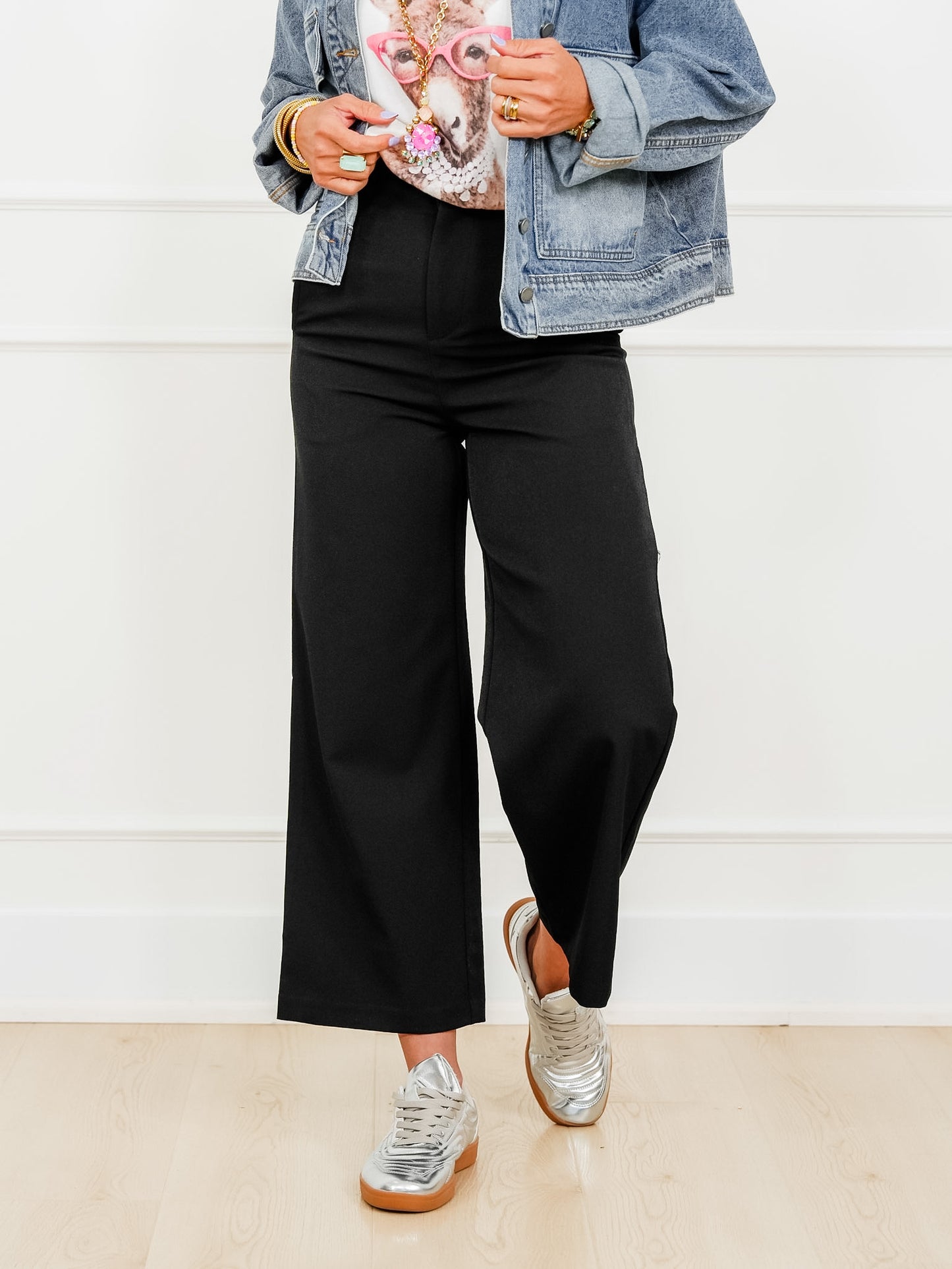 Solid Elastic Waist Wide Leg Pants