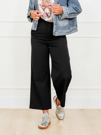 Solid Elastic Waist Wide Leg Pants