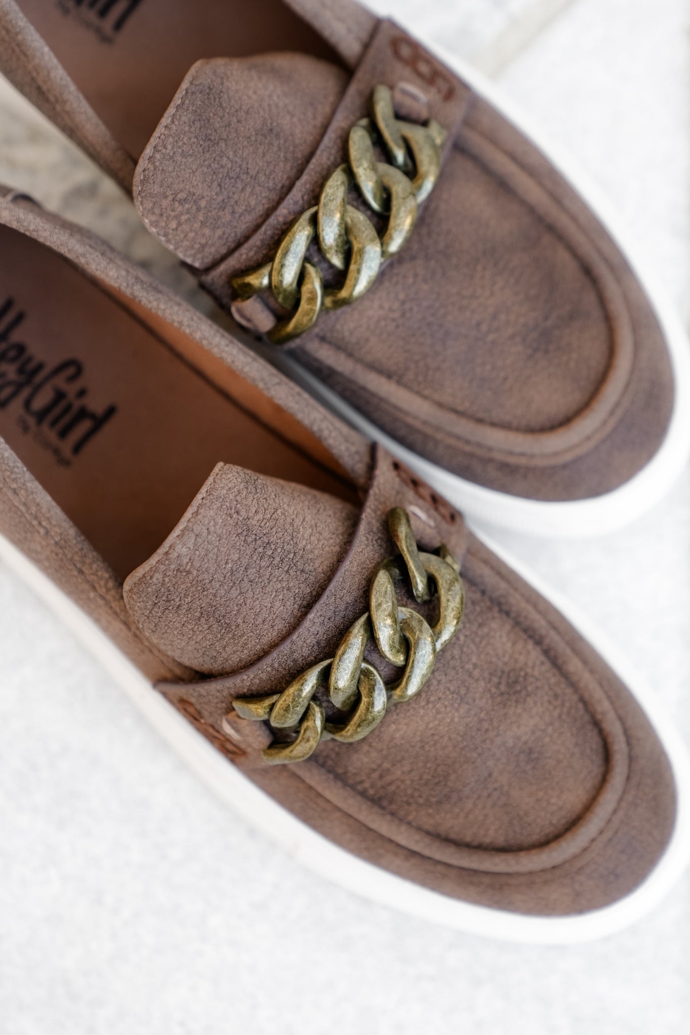 Corky's "Chain Reaction" Pebbled Texture Slip On Loafers with Chunky Gold Chain