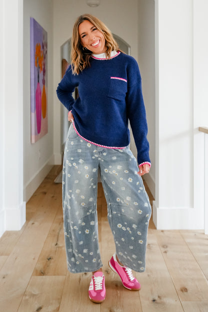 Textured Long Sleeve Pullover Sweater with Chest Pocket