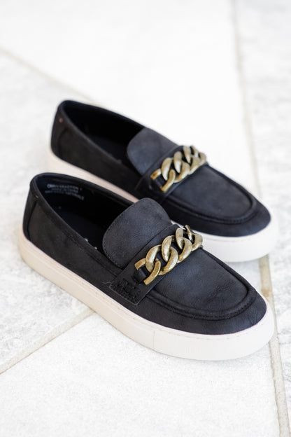 Corky's "Chain Reaction" Vegan Leather Slip On Loafer with Chunky Gold Chain