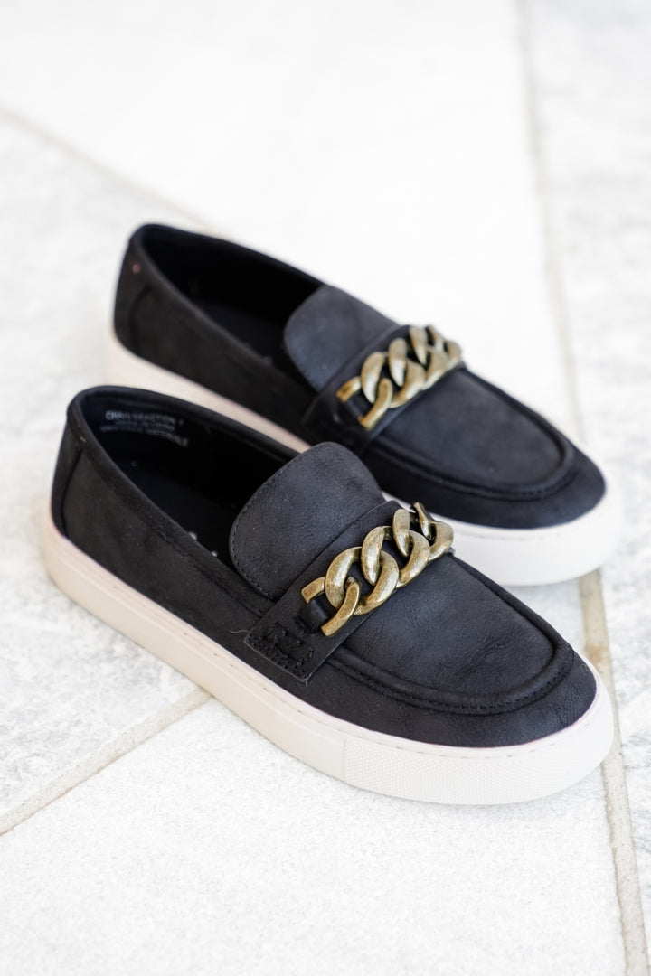 Corky's "Chain Reaction" Vegan Leather Slip On Loafer with Chunky Gold Chain