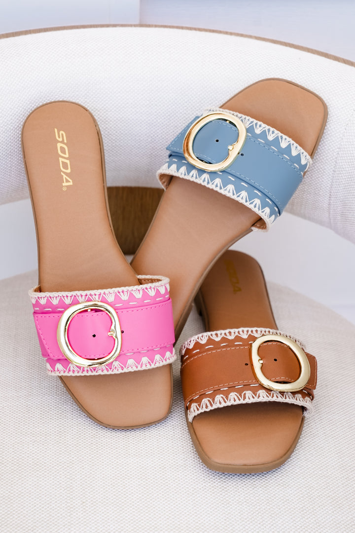 Flat Slide Sandals with Buckle Accent