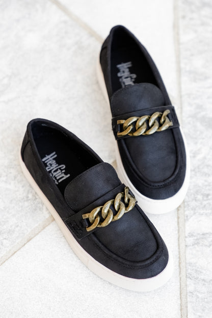 Corky's "Chain Reaction" Vegan Leather Slip On Loafer with Chunky Gold Chain