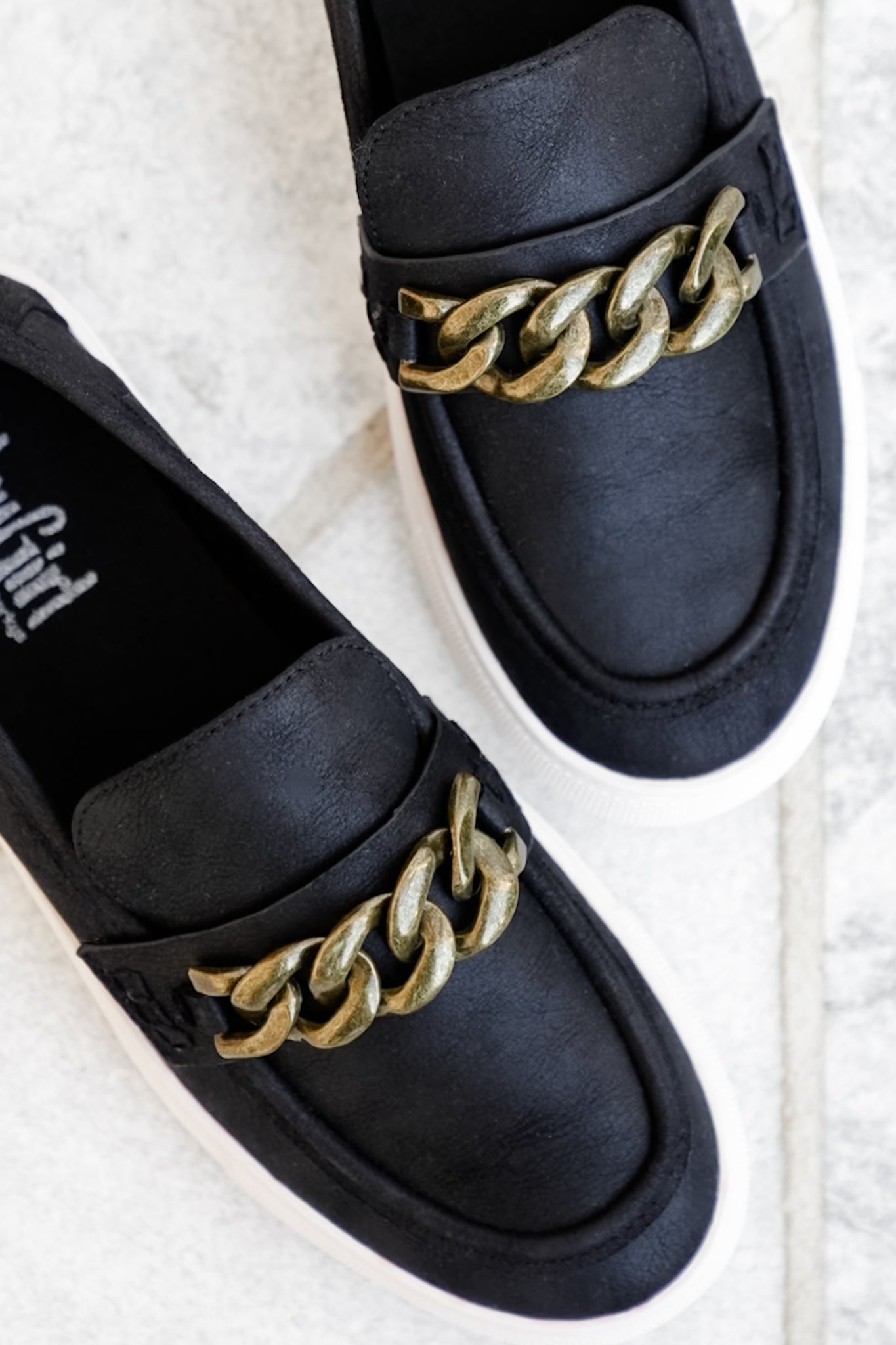 Corky's "Chain Reaction" Vegan Leather Slip On Loafer with Chunky Gold Chain