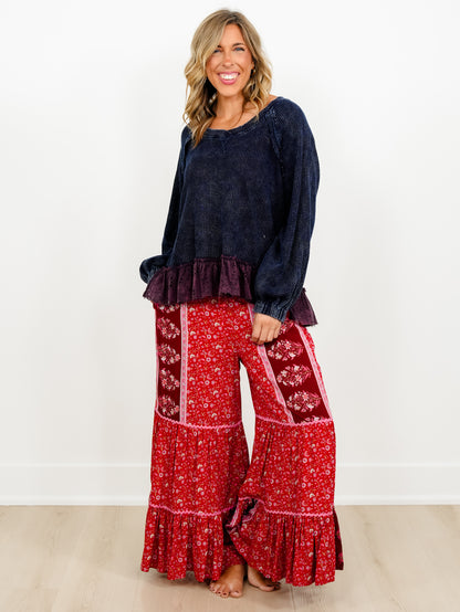 POL Thermal Long Sleeve Top with Eyelet Ruffle Hem