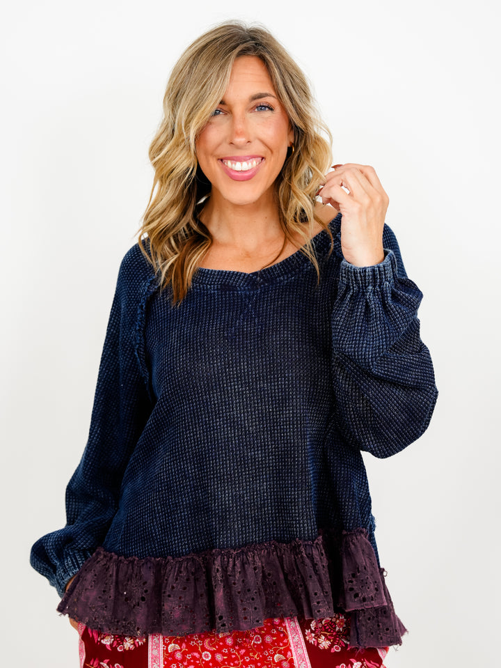 POL Thermal Long Sleeve Top with Eyelet Ruffle Hem - Freckled Poppy