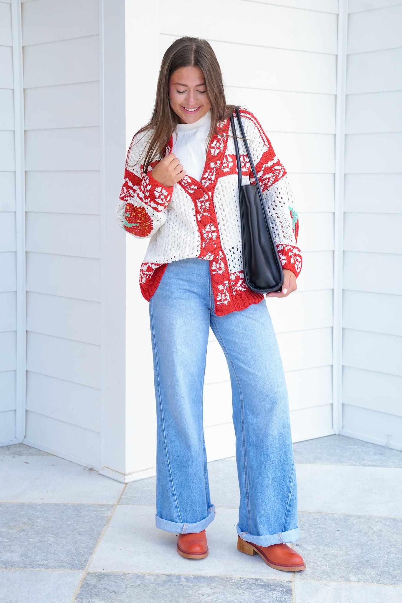 POL Cream Long Sleeve Button Up Cardigan With Strawberry Detail