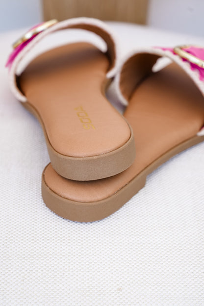 Flat Slide Sandals with Buckle Accent