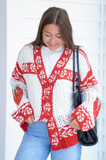 POL Cream Long Sleeve Button Up Cardigan With Strawberry Detail