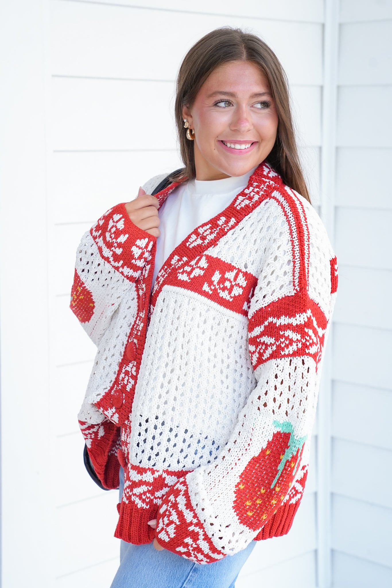 POL Cream Long Sleeve Button Up Cardigan With Strawberry Detail