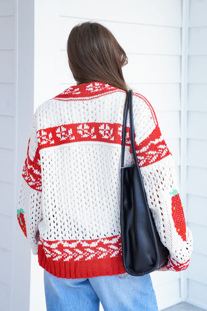 POL Cream Long Sleeve Button Up Cardigan With Strawberry Detail