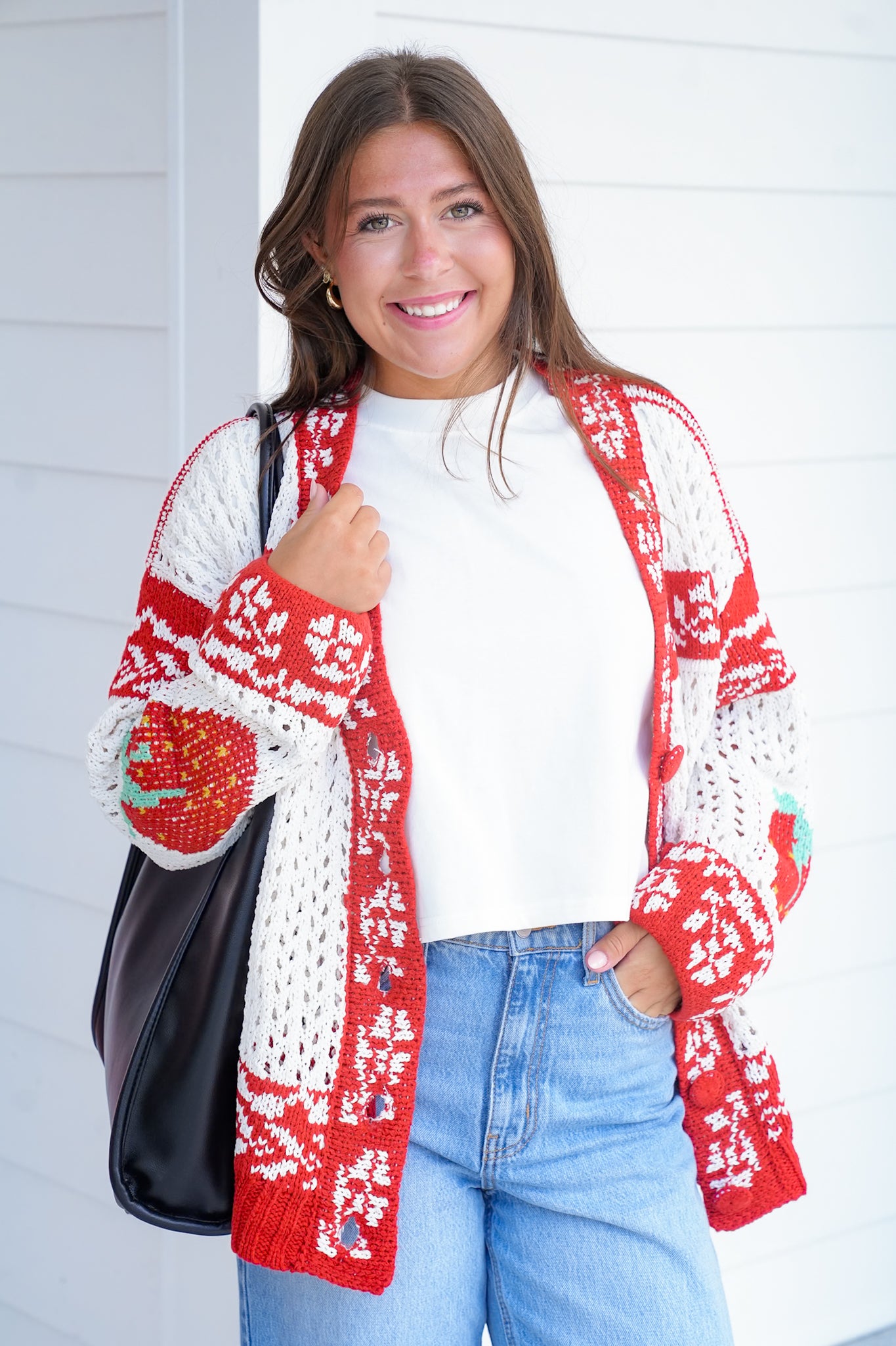 POL Cream Long Sleeve Button Up Cardigan With Strawberry Detail