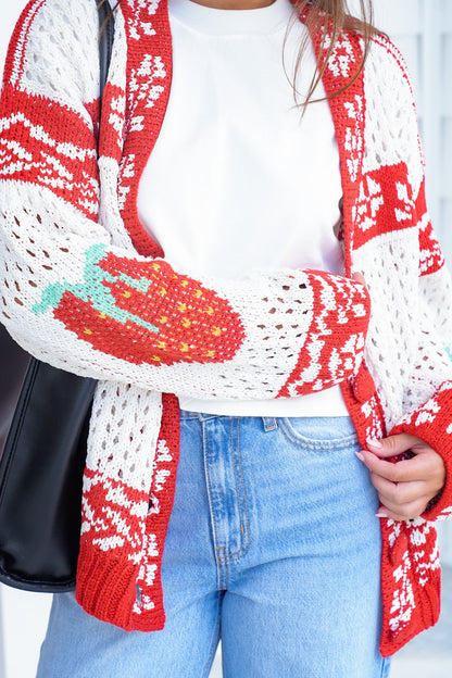 POL Cream Long Sleeve Button Up Cardigan With Strawberry Detail