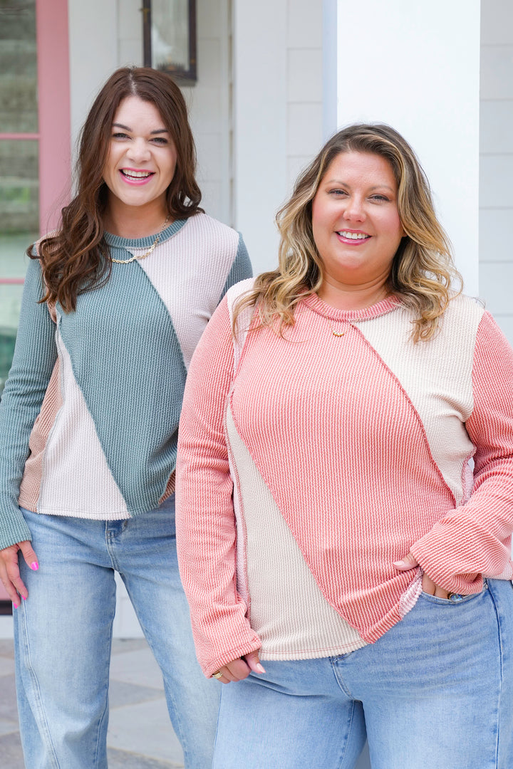 Plus/Reg Color Block Ribbed Long Sleeve Top