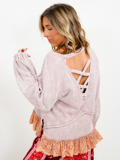 POL Thermal Long Sleeve Top with Eyelet Ruffle Hem