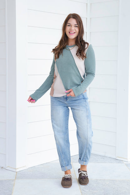 Plus/Reg Color Block Ribbed Long Sleeve Top