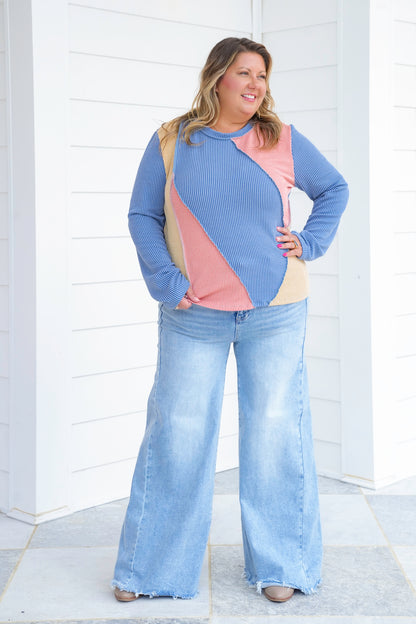 Plus/Reg Color Block Ribbed Long Sleeve Top