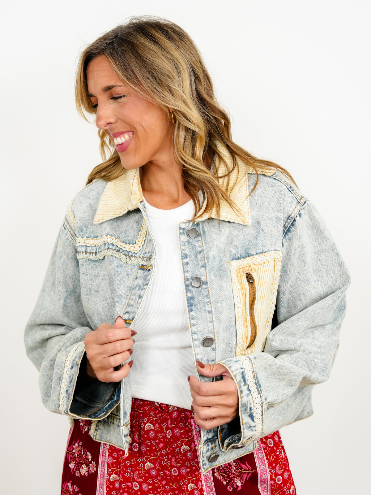 POL Acid Wash Long Sleeve Button Down Jacket with Corduroy Contrast - Freckled Poppy
