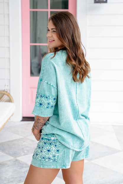 Mineral Wash Short Sleeve Top with Floral Embroidery Detail