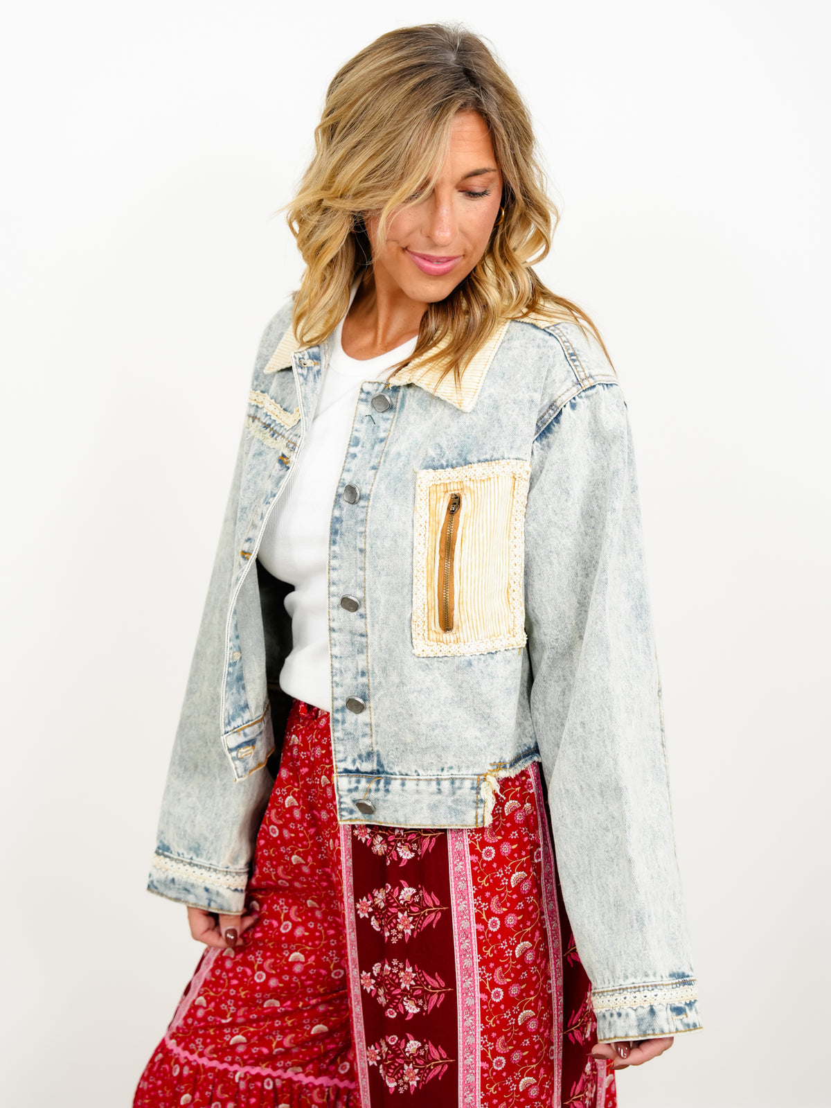 POL Acid Wash Long Sleeve Button Down Jacket with Corduroy Contrast - Freckled Poppy