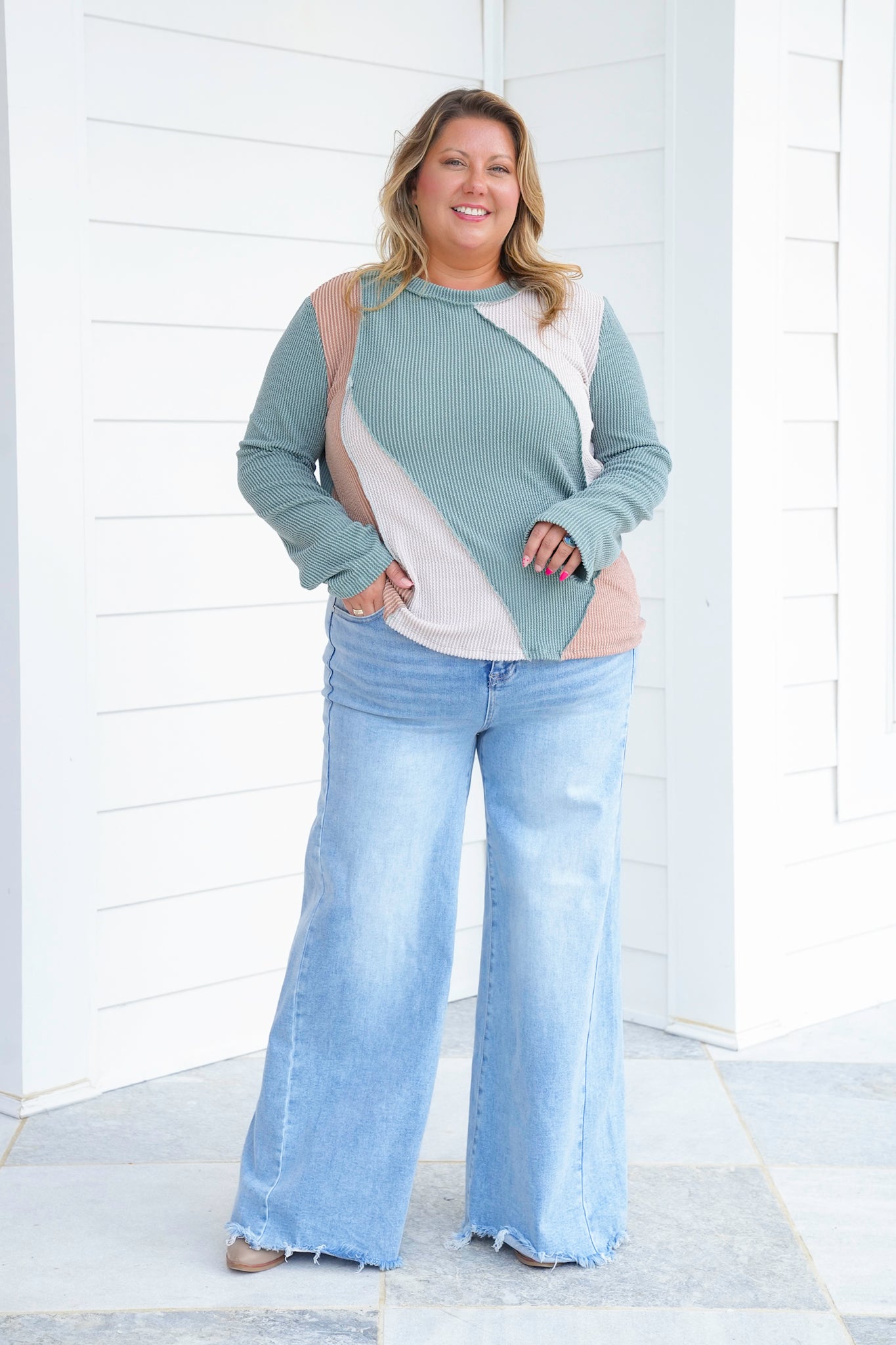 Plus/Reg Color Block Ribbed Long Sleeve Top