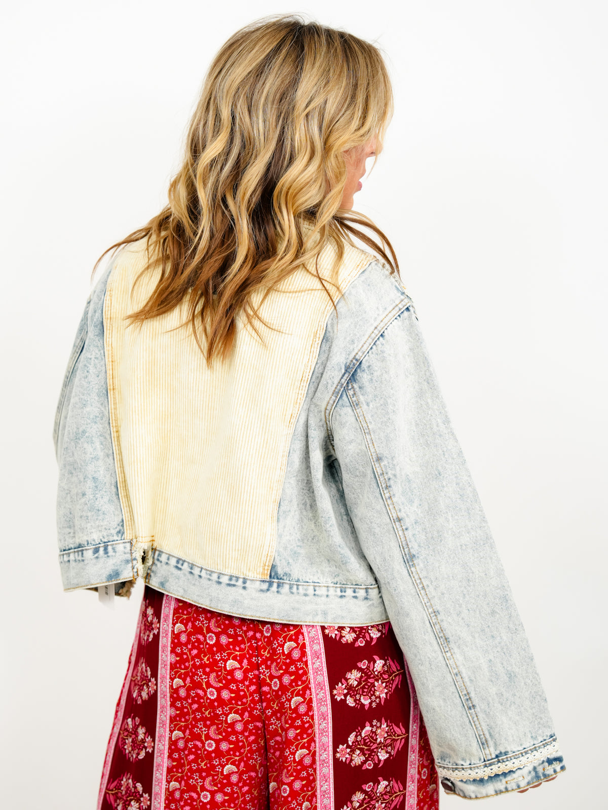POL Acid Wash Long Sleeve Button Down Jacket with Corduroy Contrast - Freckled Poppy