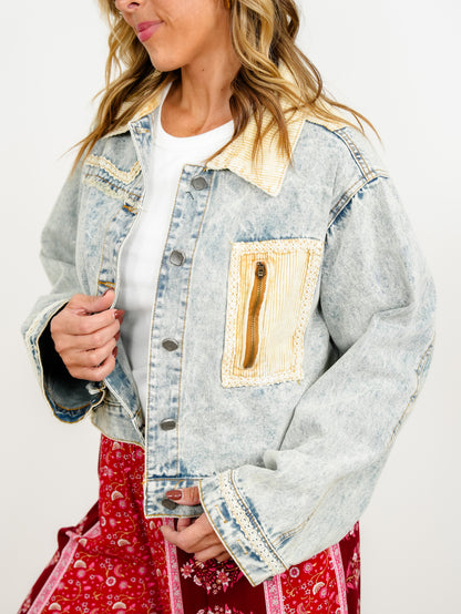 POL Acid Wash Long Sleeve Button Down Jacket with Corduroy Contrast - Freckled Poppy