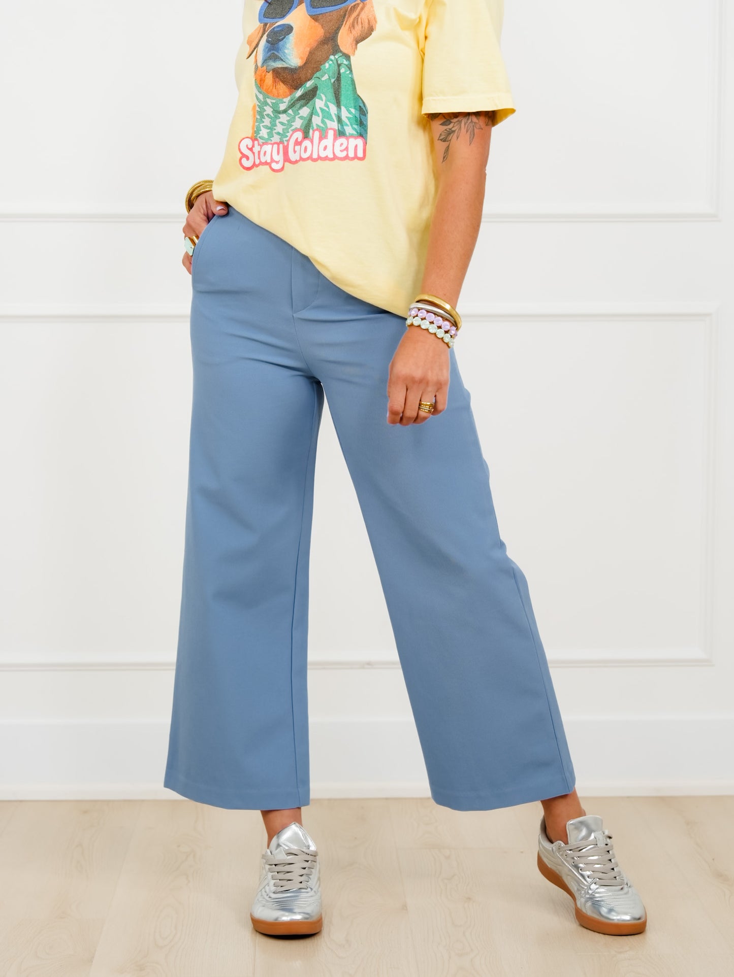Solid Elastic Waist Wide Leg Pants