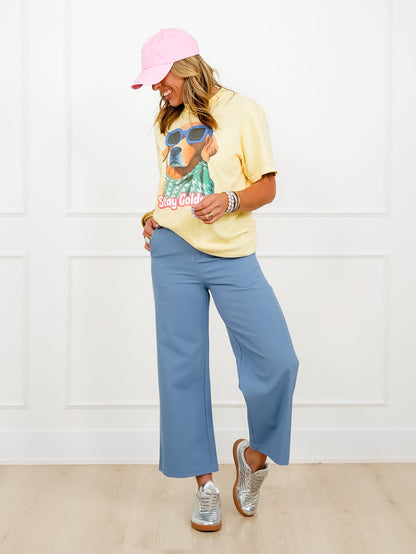 Solid Elastic Waist Wide Leg Pants