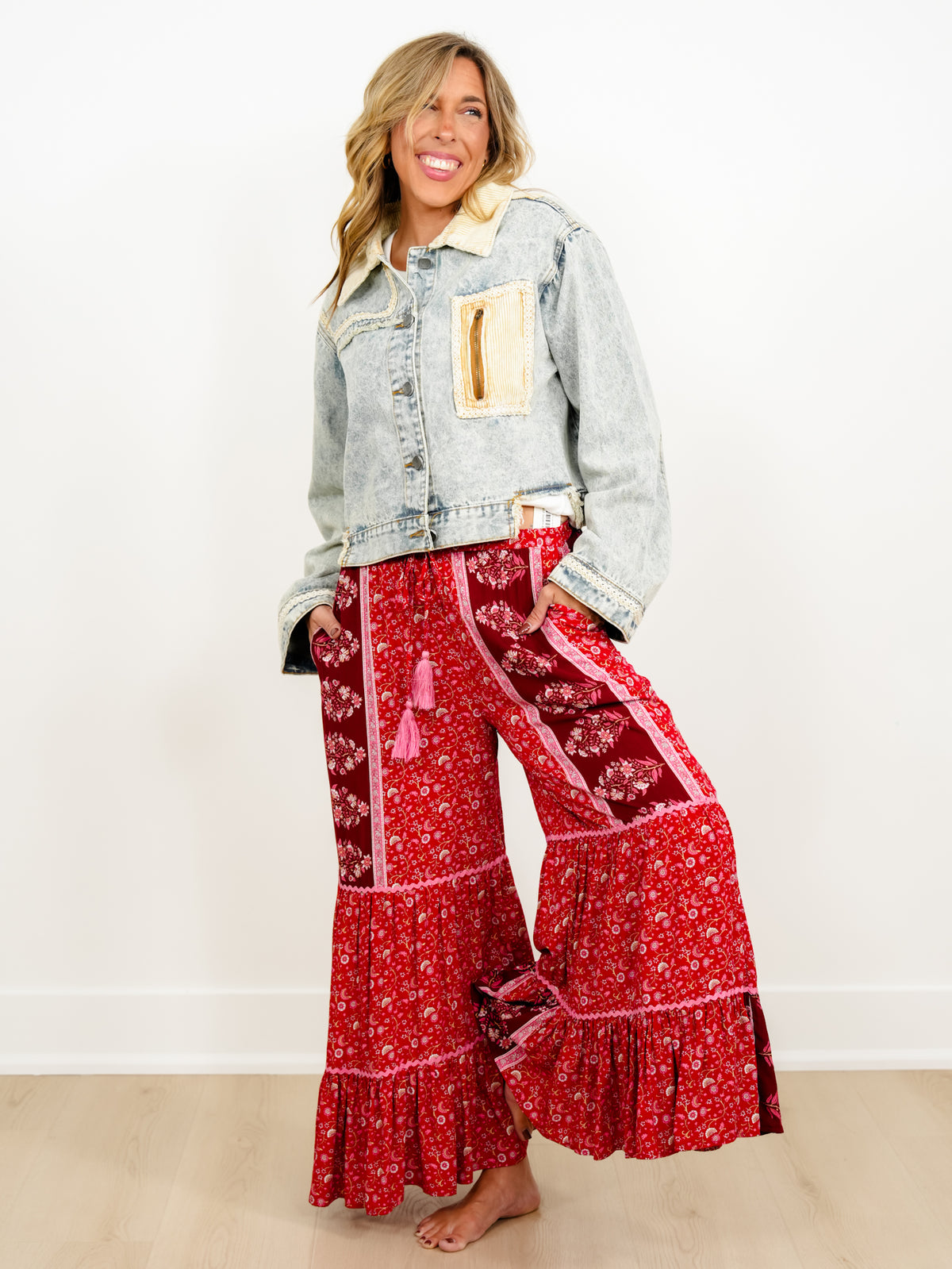 Floral Print Patchwork Tiered Palazzo Pants