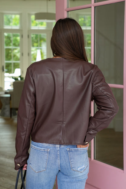 Vegan Leather Long Sleeve Button Up Jacket