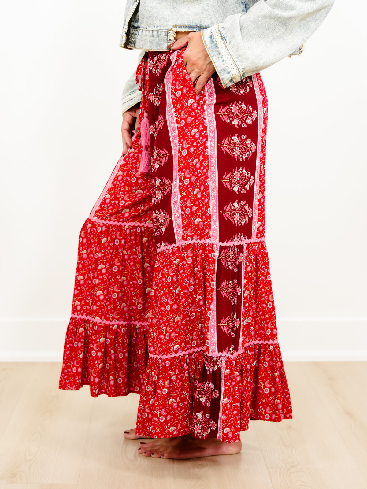 Floral Print Patchwork Tiered Palazzo Pants