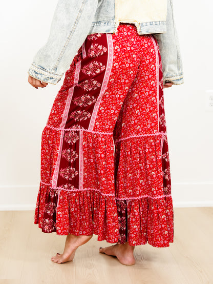 Floral Print Patchwork Tiered Palazzo Pants