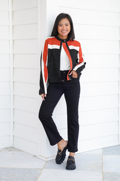 Color Block Long Sleeve Zip Up Moto Jacket