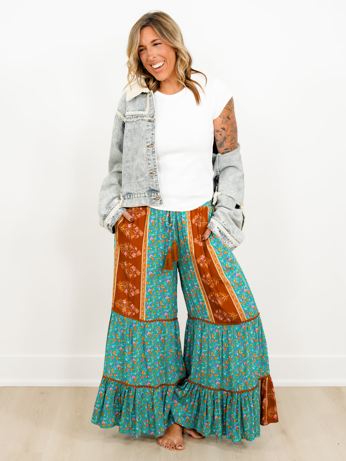 Floral Print Patchwork Tiered Palazzo Pants