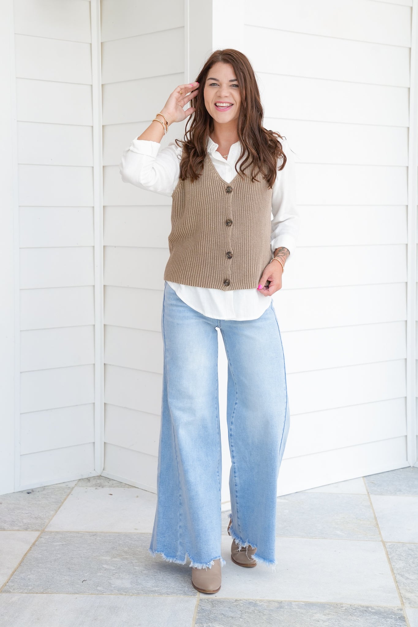 Textured Sleeveless Button Up Sweater Vest