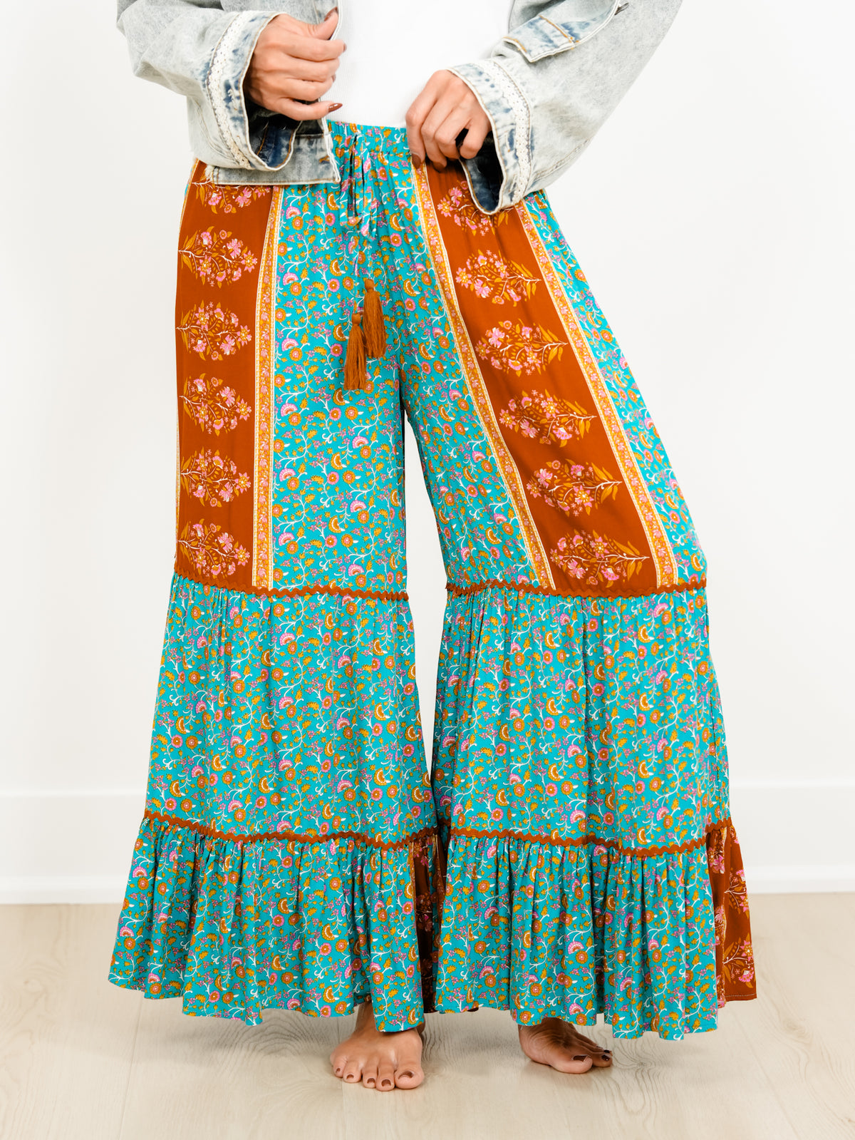 Floral Print Patchwork Tiered Palazzo Pants