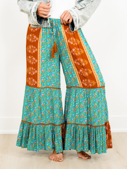 Floral Print Patchwork Tiered Palazzo Pants