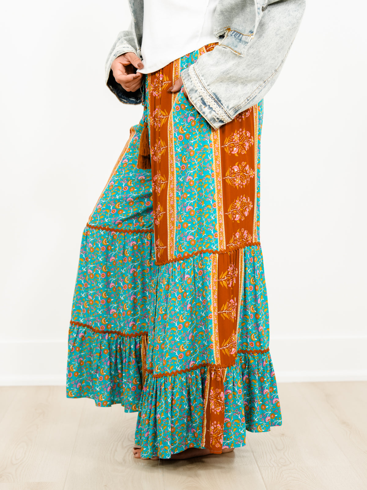 Floral Print Patchwork Tiered Palazzo Pants