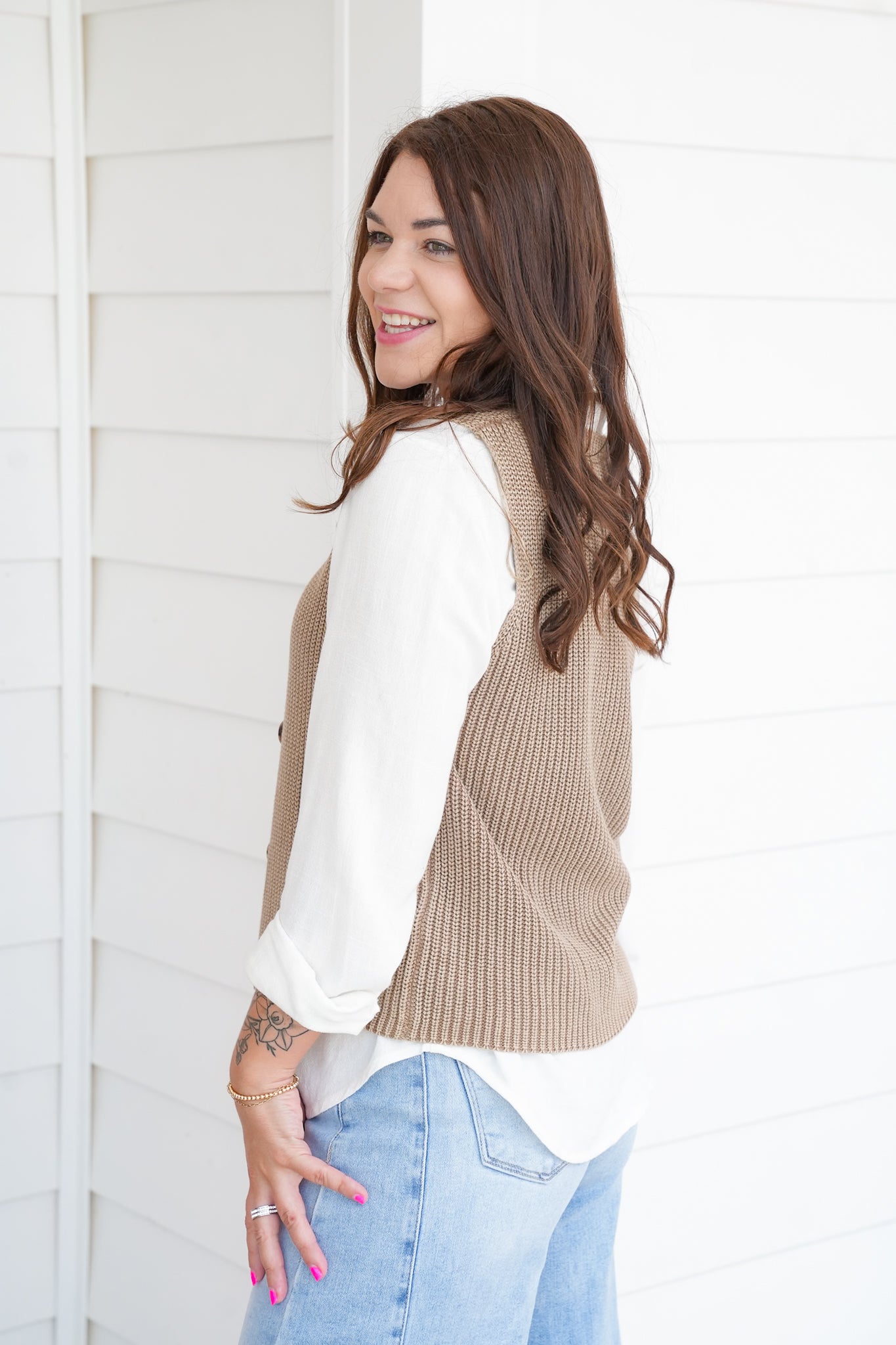 Textured Sleeveless Button Up Sweater Vest