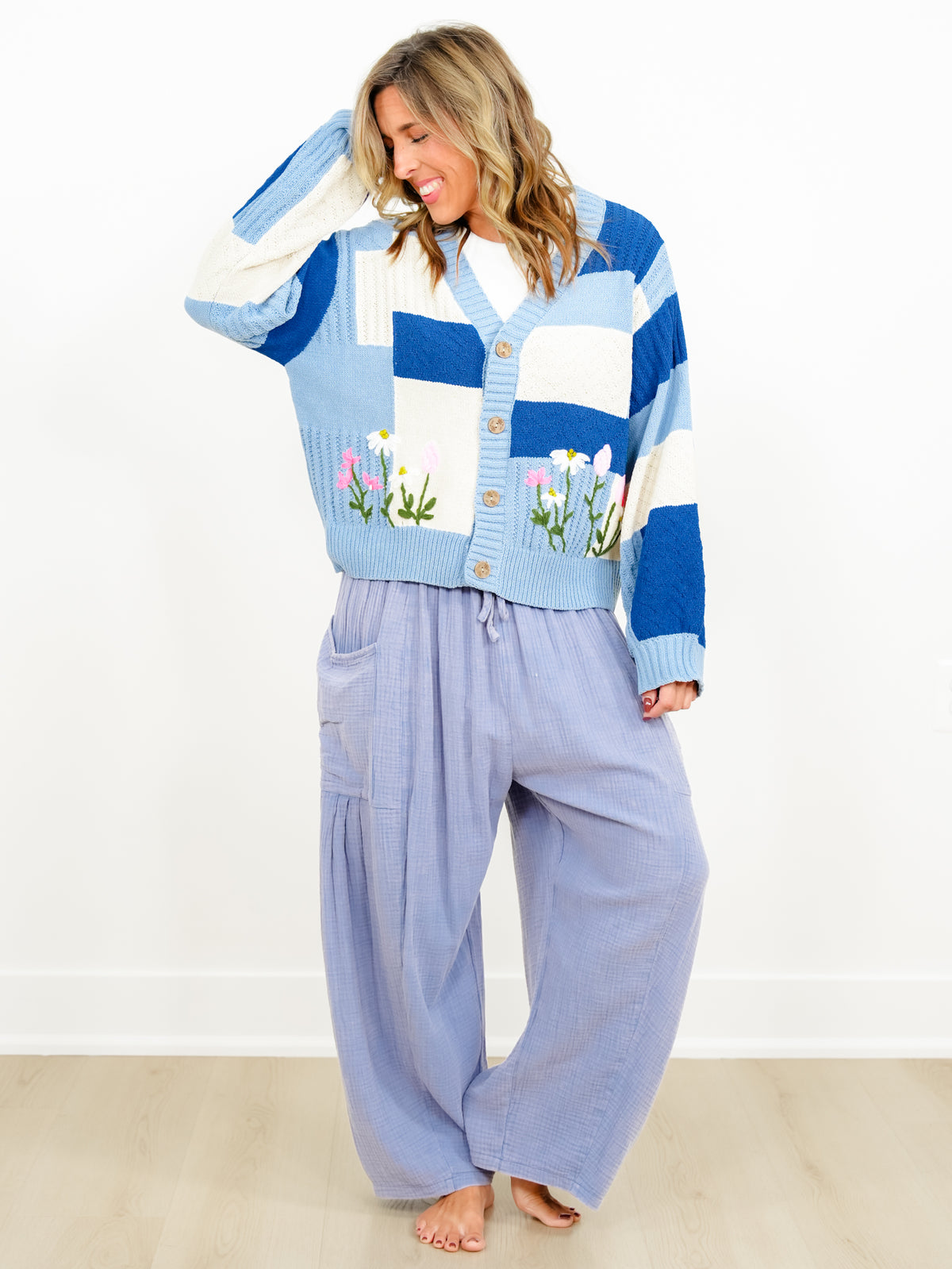 POL Color Block Long Sleeve Button Down Cardigan with Embroidered Flowers