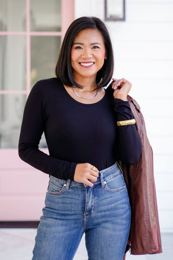Restock! Plus/Reg Ribbed Long Sleeve Scoop Neck Top - Freckled Poppy
