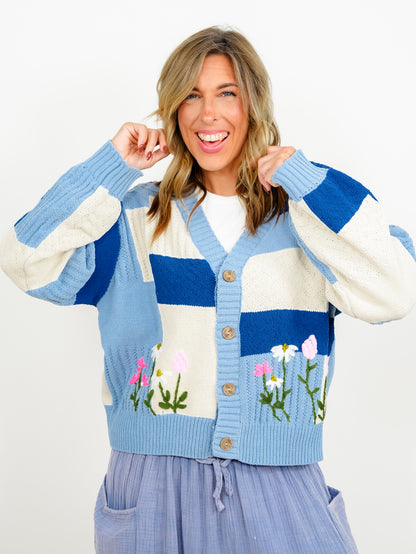 POL Color Block Long Sleeve Button Down Cardigan with Embroidered Flowers