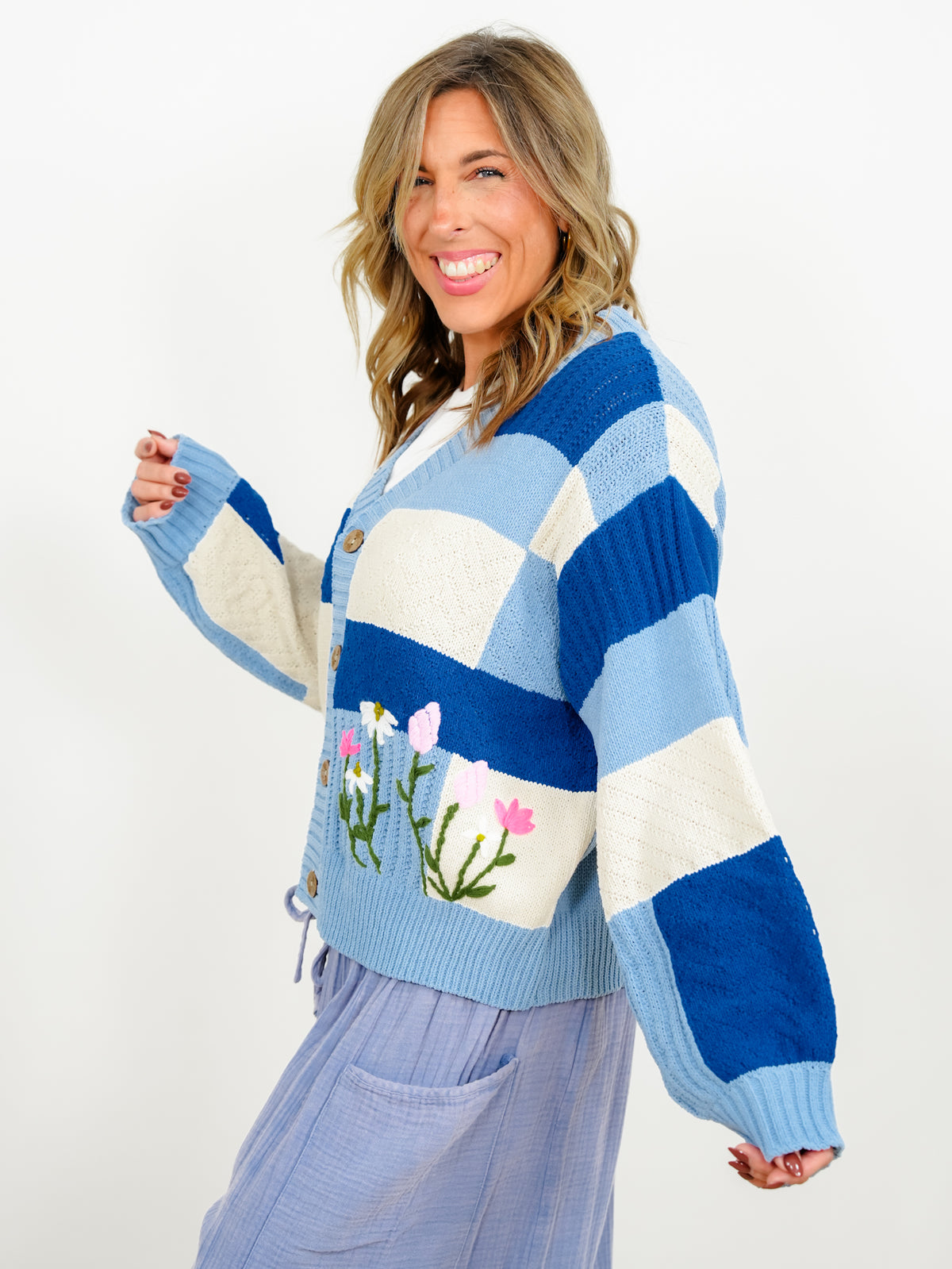 POL Color Block Long Sleeve Button Down Cardigan with Embroidered Flowers