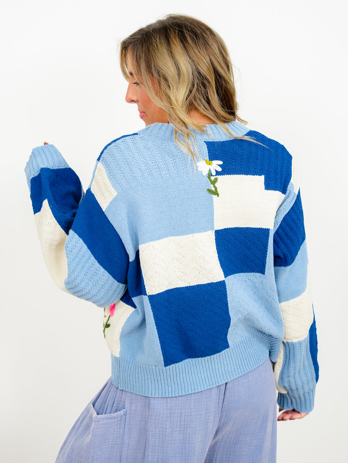 POL Color Block Long Sleeve Button Down Cardigan with Embroidered Flowers